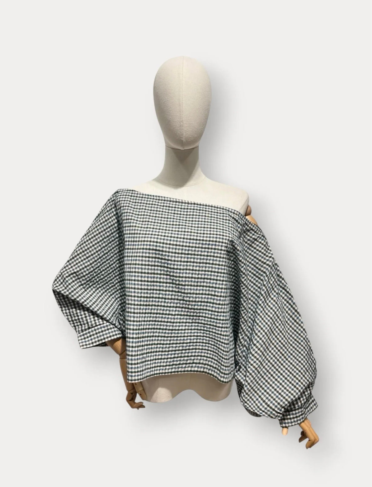 off shoulder blouse carreaux kaki blauw