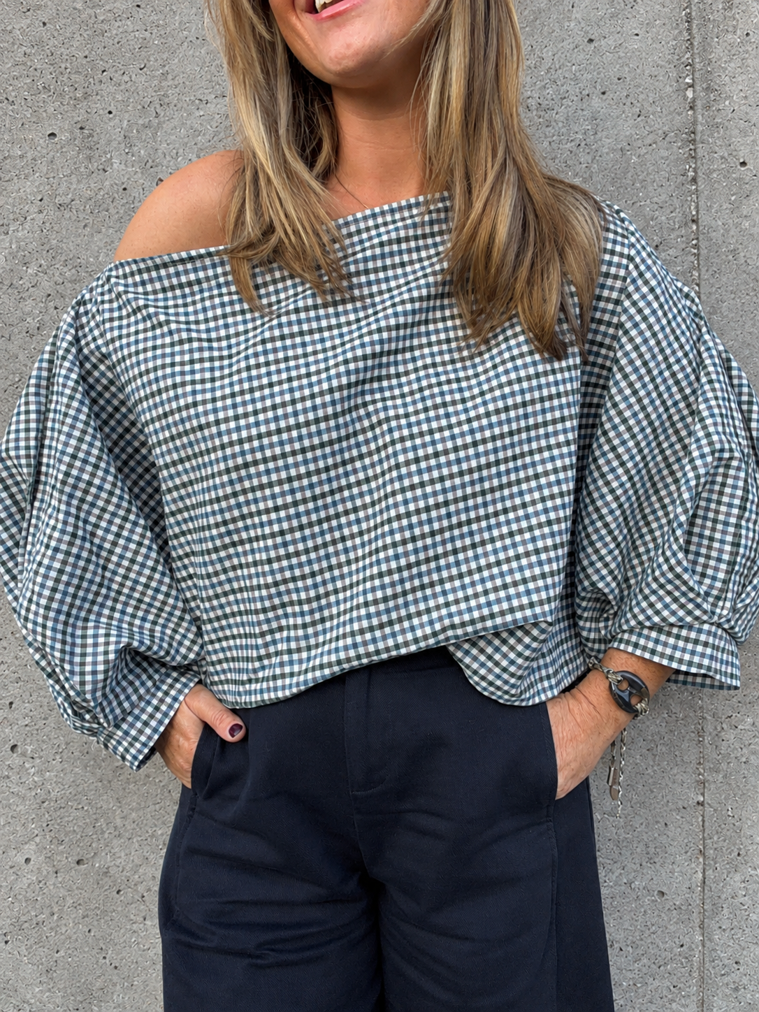 off shoulder blouse carreaux kaki blauw