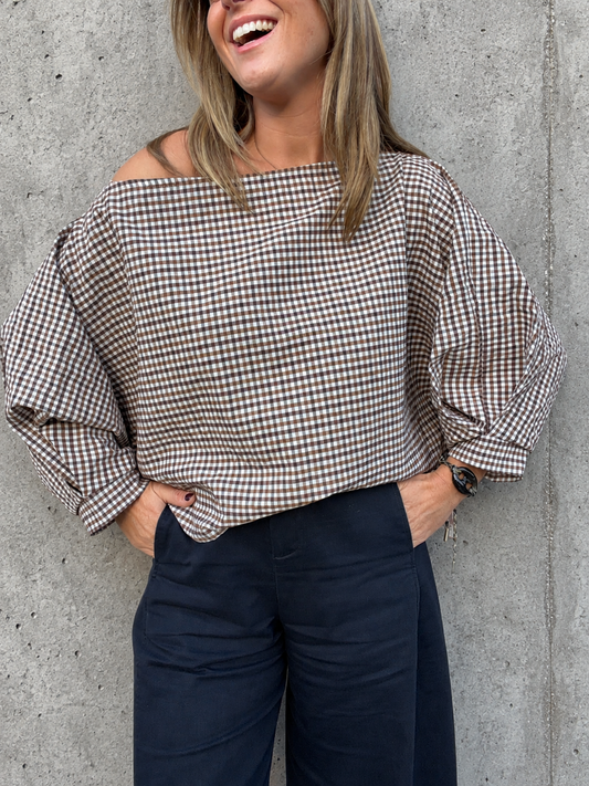 off shoulder blouse carreaux Bruin Beige
