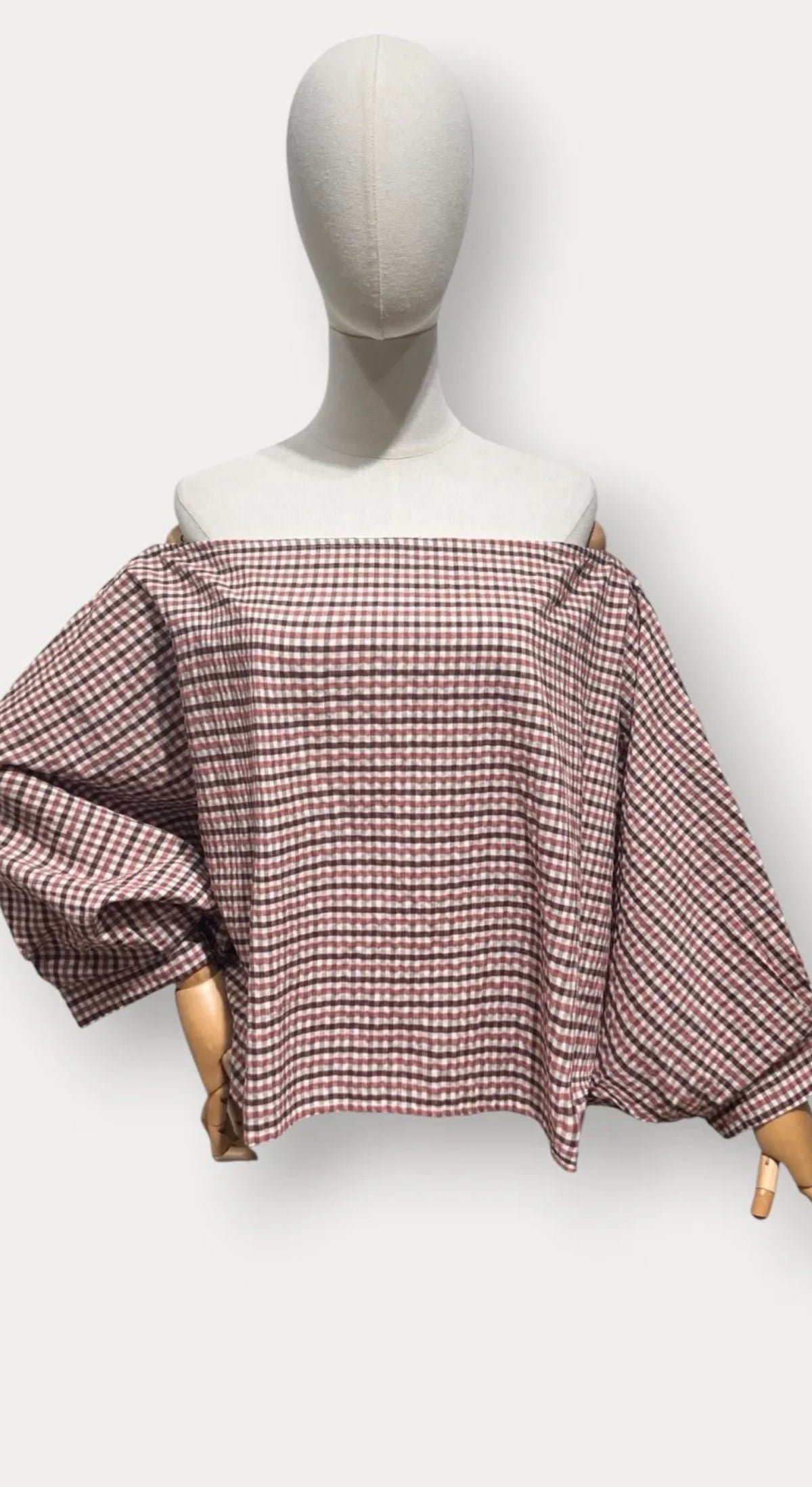 off shoulder blouse carreaux Bordeaux